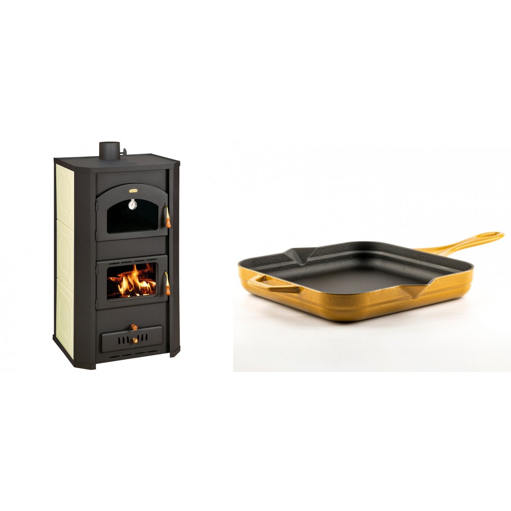 Set Kaminofen, Holzofen Wasserführend Prity mit Backfach, Modell FG W20, Leistung 23.8kW + Emaillierte Gusseisenpfanne Solagio, Dijon, 28x28cm
