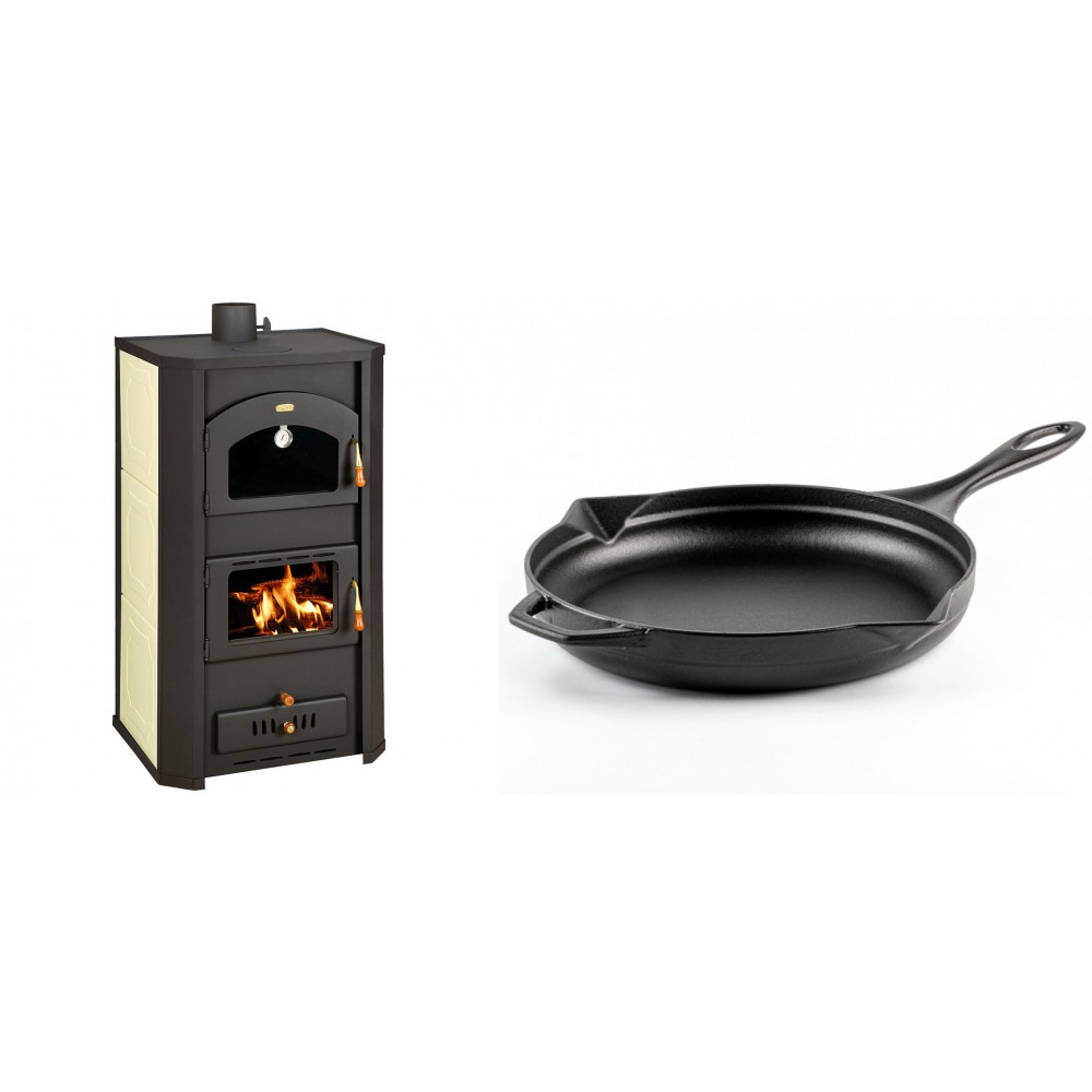 Set Kaminofen, Holzofen Wasserführend Prity mit Backfach, Modell FG W20, Leistung 23.8kW + Emaillierte Gusseisenpfanne Solagio, Black Onyx, Ф28cm