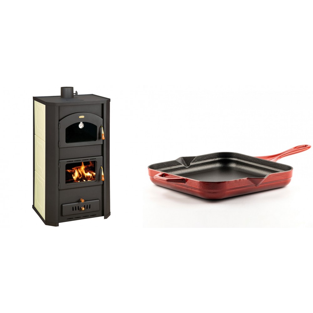 Set Kaminofen, Holzofen Wasserführend Prity mit Backfach, Modell FG W20, Leistung 23.8kW + Emaillierte Gusseisenpfanne Solagio, Rubin, 28x28cm | Wasserführender Kaminofen | Kaminofen |