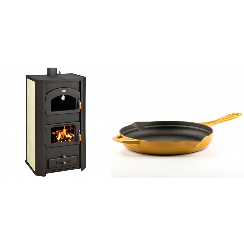 Set Kaminofen, Holzofen Wasserführend Prity mit Backfach, Modell FG W20, Leistung 23.8kW + Emaillierte Gusseisenpfanne Solagio, Dijon, Ф28cm