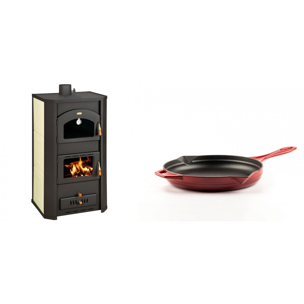Set Kaminofen, Holzofen Wasserführend Prity mit Backfach, Modell FG W20, Leistung 23.8kW + Emaillierte Gusseisenpfanne Solagio, Rubin, Ф24cm | Wasserführender Kaminofen | Kaminofen |
