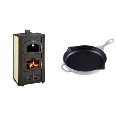 Set Kaminofen, Holzofen Wasserführend Prity mit Backfach, Modell FG W20, Leistung 23.8kW + Emaillierte Gusseisenpfanne Solagio, Ivory, Ф28cm - Kaminofen - Holzofen mit Backfach
