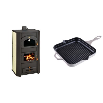 Set Kaminofen, Holzofen Wasserführend Prity mit Backfach, Modell FG W20, Leistung 23.8kW + Emaillierte grillpfanne Gusseisen Solagio, Ivory, 28x28cm - Kaminofen - Holzofen mit Backfach