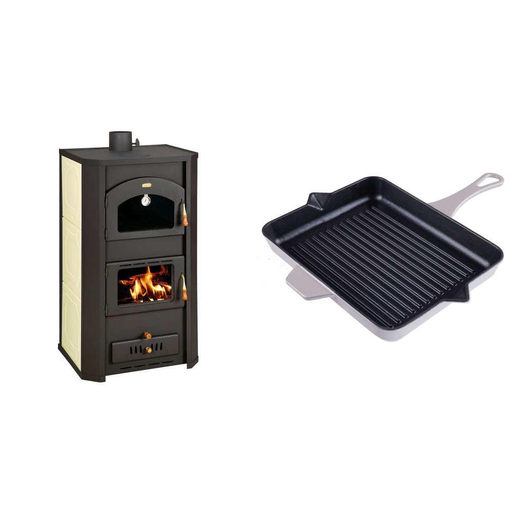 Set Kaminofen, Holzofen Wasserführend Prity mit Backfach, Modell FG W20, Leistung 23.8kW + Emaillierte grillpfanne Gusseisen Solagio, Ivory, 26x32cm | Wasserführender Kaminofen | Kaminofen |