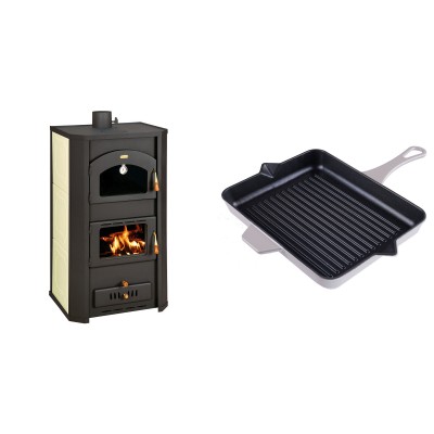 Set Kaminofen, Holzofen Wasserführend Prity mit Backfach, Modell FG W20, Leistung 23.8kW + Emaillierte grillpfanne Gusseisen Solagio, Ivory, 26x32cm - Kaminofen - Holzofen mit Backfach