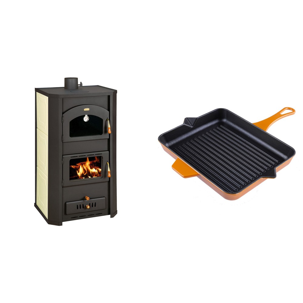 Set Kaminofen, Holzofen Wasserführend Prity mit Backfach, Modell FG W20, Leistung 23.8kW + Emaillierte grillpfanne Gusseisen Solagio, Dijon, 26x32cm | Wasserführender Kaminofen | Kaminofen |