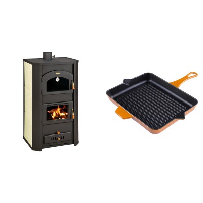 Set Kaminofen, Holzofen Wasserführend Prity mit Backfach, Modell FG W20, Leistung 23.8kW + Emaillierte grillpfanne Gusseisen Solagio, Dijon, 26x32cm - Kaminofen - Holzofen mit Backfach