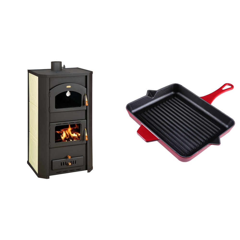 Set Kaminofen, Holzofen Wasserführend Prity mit Backfach, Modell FG W20, Leistung 23.8kW + Emaillierte grillpfanne Gusseisen Solagio, Rubin, 26x32cm