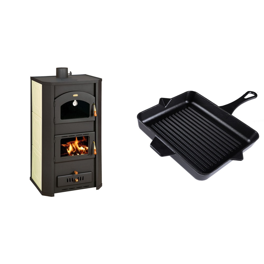 Set Kaminofen, Holzofen Wasserführend Prity mit Backfach, Modell FG W20, Leistung 23.8kW + Emaillierte grillpfanne Gusseisen Solagio, Black Onyx, 26x32cm | Wasserführender Kaminofen | Kaminofen |