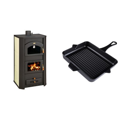 Set Kaminofen, Holzofen Wasserführend Prity mit Backfach, Modell FG W20, Leistung 23.8kW + Emaillierte grillpfanne Gusseisen Solagio, Black Onyx, 26x32cm - Kaminofen - Holzofen mit Backfach