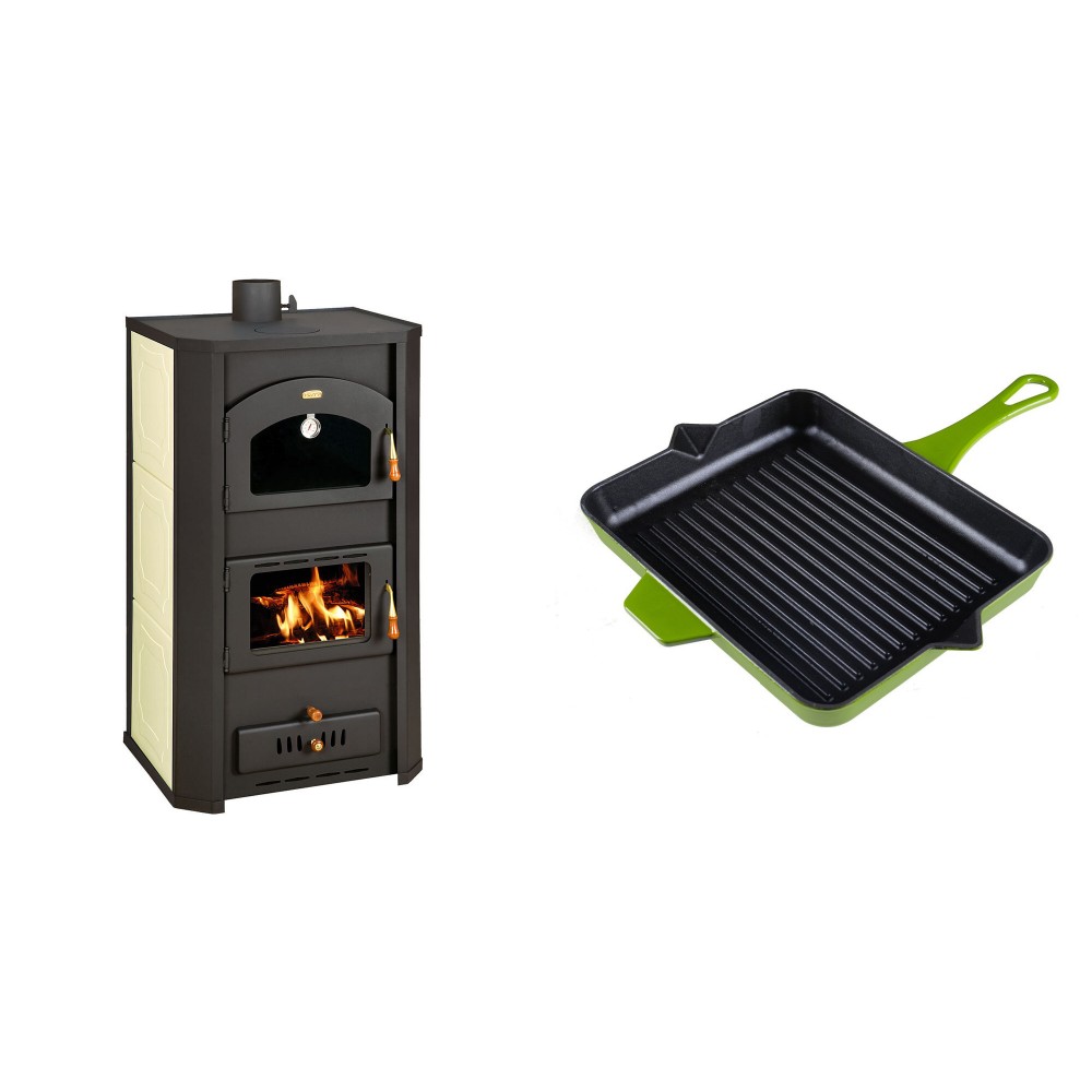 Set Kaminofen, Holzofen Wasserführend Prity mit Backfach, Modell FG W20, Leistung 23.8kW + Emaillierte grillpfanne Gusseisen Solagio, Bamboo, 26x32cm