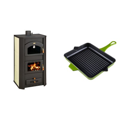 Set Kaminofen, Holzofen Wasserführend Prity mit Backfach, Modell FG W20, Leistung 23.8kW + Emaillierte grillpfanne Gusseisen Solagio, Bamboo, 26x32cm - Kaminofen - Holzofen mit Backfach