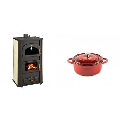 Set Kaminofen, Holzofen Wasserführend Prity mit Backfach, Modell FG W20, Leistung 23.8kW + Gusseisen Topf Tiefer Solagio, Rubin, Ф12 - Kaminofen - Holzofen mit Backfach