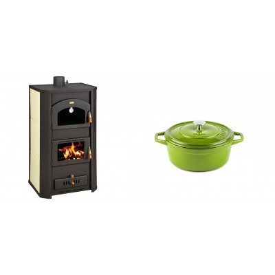 Set Kaminofen, Holzofen Wasserführend Prity mit Backfach, Modell FG W20, Leistung 23.8kW + Gusseisen Topf Tiefer Solagio, Bamboo, Ф12 - Kaminofen - Holzofen mit Backfach