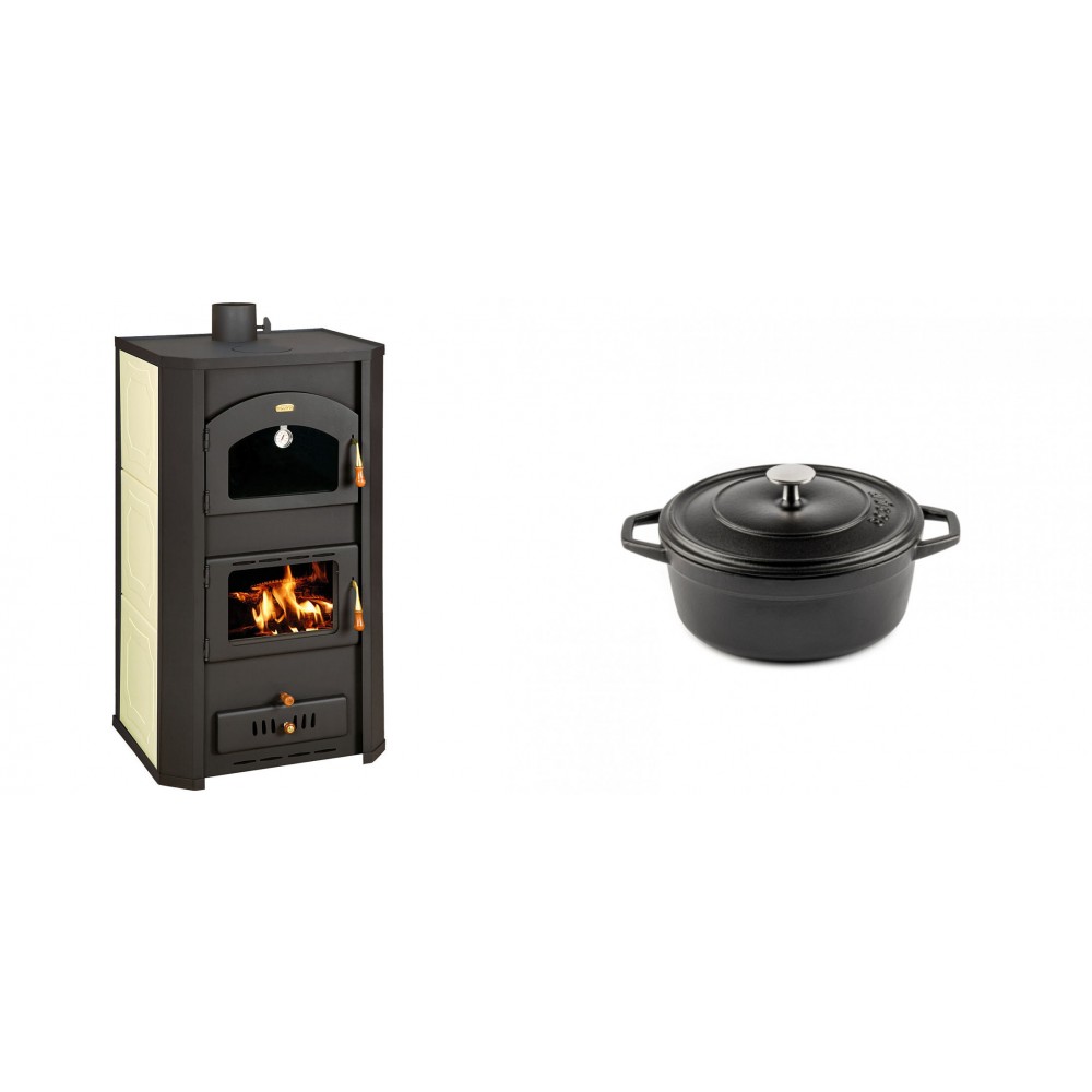 Set Kaminofen, Holzofen Wasserführend Prity mit Backfach, Modell FG W20, Leistung 23.8kW + Gusseisen Topf Tiefer Solagio, Black Onyx, Ф12
