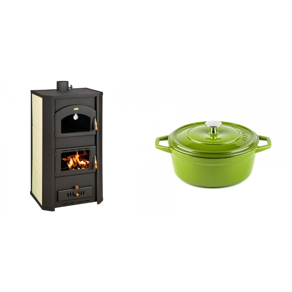 Set Kaminofen, Holzofen Wasserführend Prity mit Backfach, Modell FG W20, Leistung 23.8kW + Gusseisen Topf Tiefer Solagio, Bamboo, Ф20