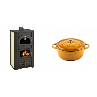 Set Kaminofen, Holzofen Wasserführend Prity mit Backfach, Modell FG W20, Leistung 23.8kW + Gusseisen Topf Tiefer Solagio, Dijon, Ф20 - Kaminofen - Holzofen mit Backfach