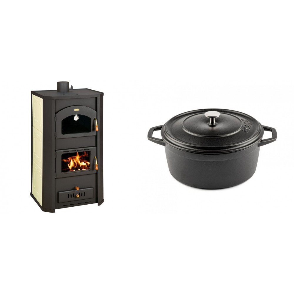 Set Kaminofen, Holzofen Wasserführend Prity mit Backfach, Modell FG W20, Leistung 23.8kW + Gusseisen Topf Tiefer Solagio, Black Onyx, Ф24
