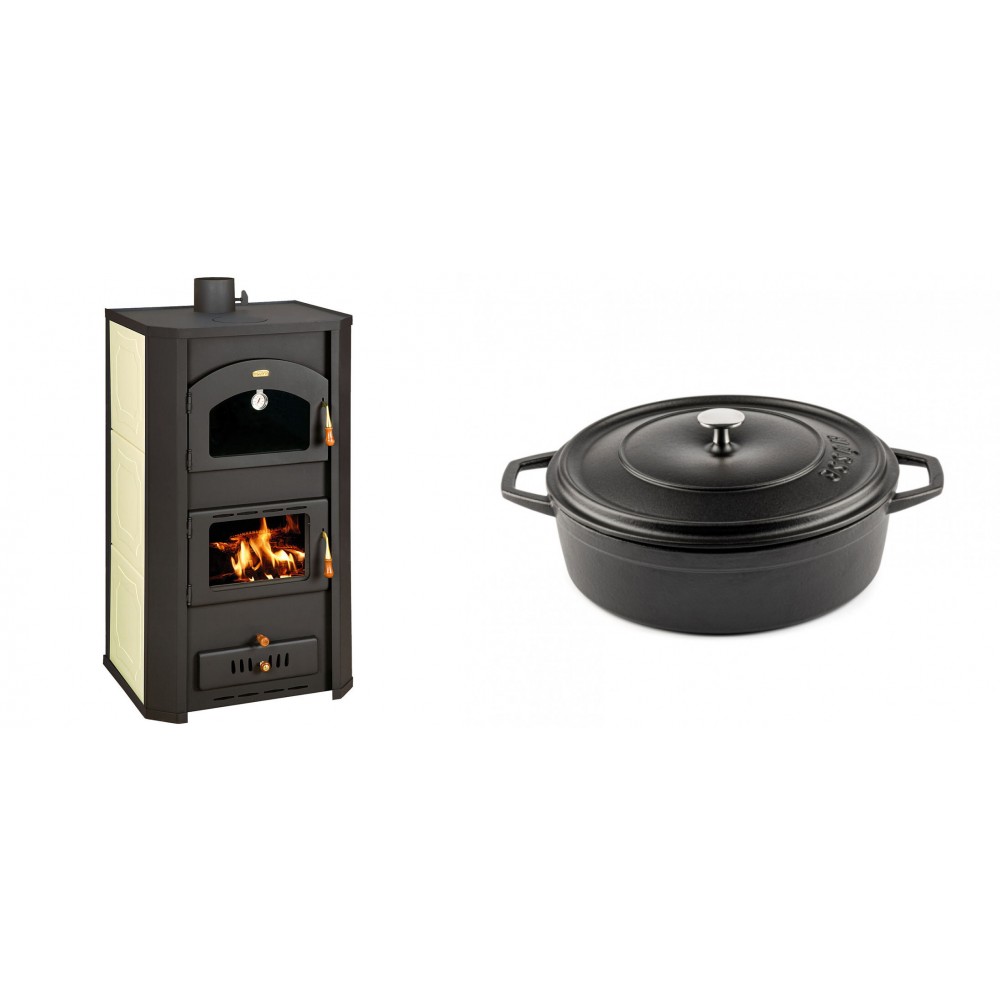 Set Kaminofen, Holzofen Wasserführend Prity mit Backfach, Modell FG W20, Leistung 23.8kW + Gusseisen Topf Flach Solagio, Black Onyx, Ф26 | Wasserführender Kaminofen | Kaminofen |
