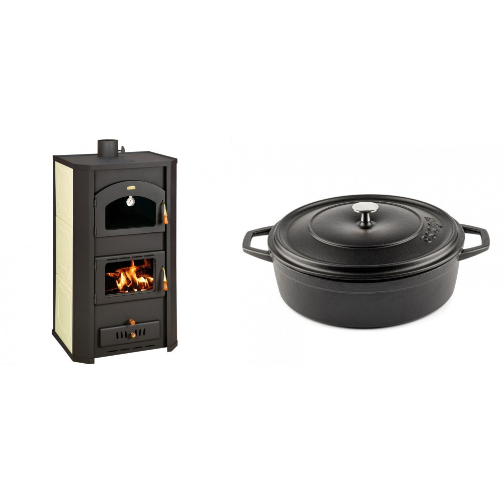 Set Kaminofen, Holzofen Wasserführend Prity mit Backfach, Modell FG W20, Leistung 23.8kW + Gusseisen Topf Flach Solagio, Black Onyx, Ф28 | Wasserführender Kaminofen | Kaminofen |