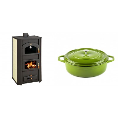 Set Kaminofen, Holzofen Wasserführend Prity mit Backfach, Modell FG W20, Leistung 23.8kW + Gusseisen Topf Flach Solagio, Bamboo, Ф28 - Kaminofen - Holzofen mit Backfach
