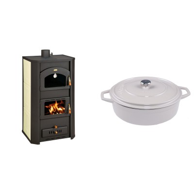 Set Kaminofen, Holzofen Wasserführend Prity mit Backfach, Modell FG W20, Leistung 23.8kW + Gusseisen Topf Flach Solagio, Ivory, Ф28 - Kaminofen - Holzofen mit Backfach
