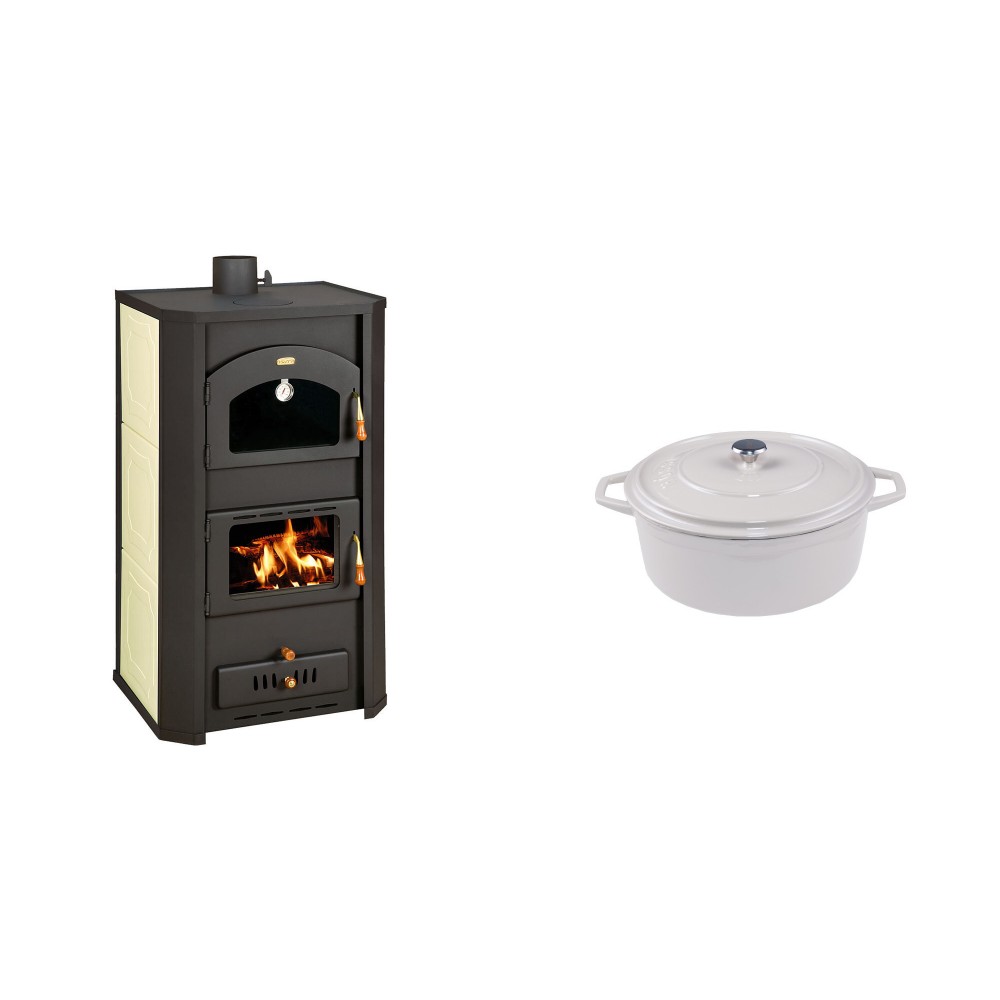 Set Kaminofen, Holzofen Wasserführend Prity mit Backfach, Modell FG W20, Leistung 23.8kW + Gusseisen Topf Tiefer Solagio, Ivory, Ф12