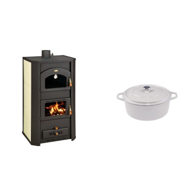 Set Kaminofen, Holzofen Wasserführend Prity mit Backfach, Modell FG W20, Leistung 23.8kW + Gusseisen Topf Tiefer Solagio, Ivory, Ф12 - Kaminofen - Holzofen mit Backfach