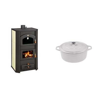 Set Kaminofen, Holzofen Wasserführend Prity mit Backfach, Modell FG W20, Leistung 23.8kW + Gusseisen Topf Tiefer Solagio, Ivory, Ф20 - Kaminofen - Holzofen mit Backfach