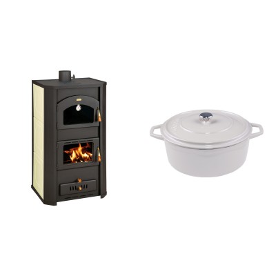 Set Kaminofen, Holzofen Wasserführend Prity mit Backfach, Modell FG W20, Leistung 23.8kW + Gusseisen Topf Tiefer Solagio, Ivory, Ф24 - Kaminofen - Holzofen mit Backfach