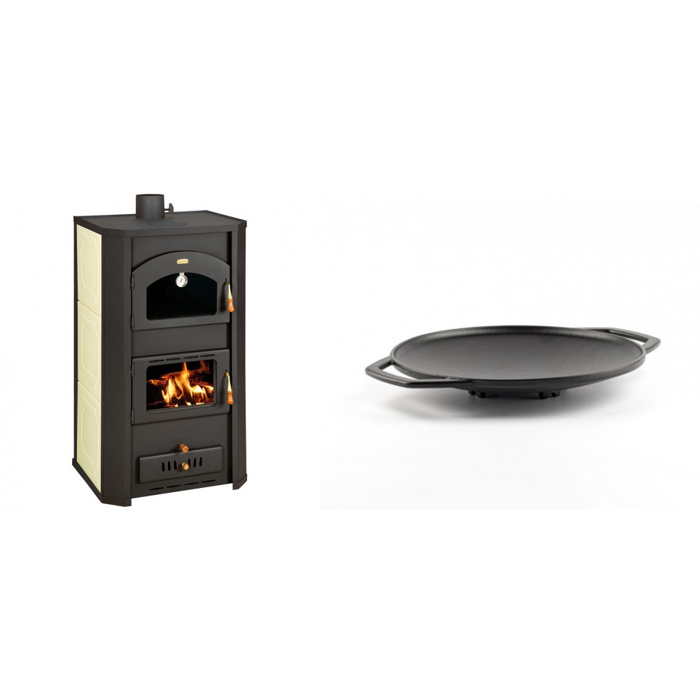 Set Kaminofen, Holzofen Wasserführend Prity mit Backfach, Modell FG W20, Leistung 23.8kW + Backplatte aus Gusseisen Solagio, Ф28cm