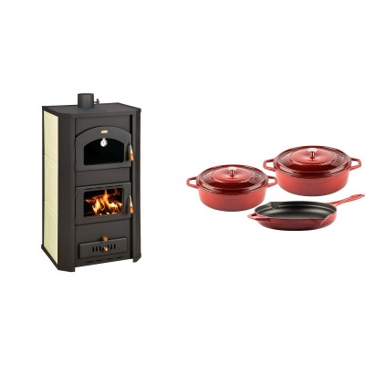 Set Kaminofen, Holzofen Wasserführend Prity mit Backfach, Modell FG W20, Leistung 23.8kW + Gusseisen Topf Set aus 3 teilen Solagio, Rubin - Kaminofen - Holzofen mit Backfach