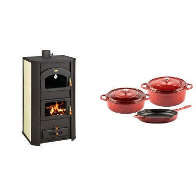 Set Kaminofen, Holzofen Wasserführend Prity mit Backfach, Modell FG W20, Leistung 23.8kW + Gusseisen Topf Set aus 3 teilen Solagio, Rubin - Kaminofen - Holzofen mit Backfach