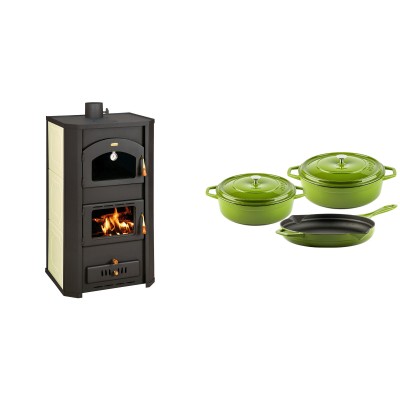 Set Kaminofen, Holzofen Wasserführend Prity mit Backfach, Modell FG W20, Leistung 23.8kW + Gusseisen Topf Set aus 3 teilen Solagio, Bamboo - Kaminofen - Holzofen mit Backfach