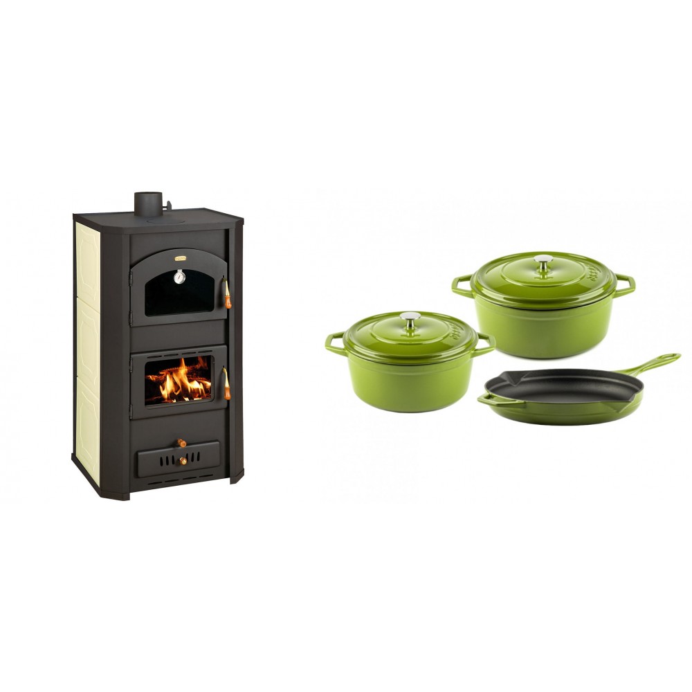 Set Kaminofen, Holzofen Wasserführend Prity mit Backfach, Modell FG W20, Leistung 23.8kW + Gusseisen Topf Set aus 3 teilen Solagio, Bamboo
