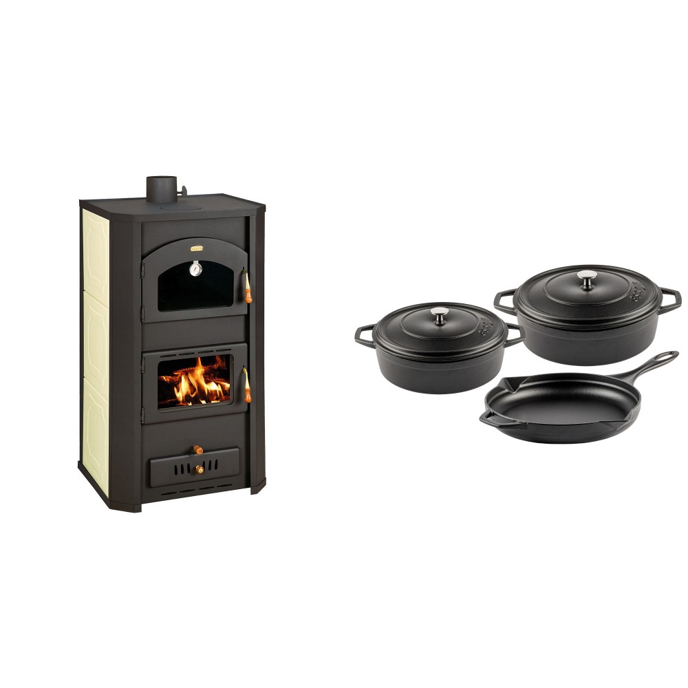 Set Kaminofen, Holzofen Wasserführend Prity mit Backfach, Modell FG W20, Leistung 23.8kW + Gusseisen Topf Set aus 3 teilen Solagio, Black Onyx