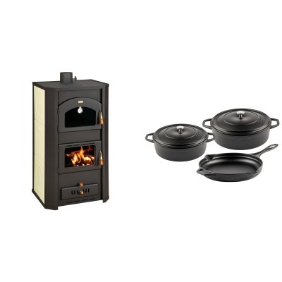 Set Kaminofen, Holzofen Wasserführend Prity mit Backfach, Modell FG W20, Leistung 23.8kW + Gusseisen Topf Set aus 3 teilen Solagio, Black Onyx - Kaminofen - Holzofen mit Backfach