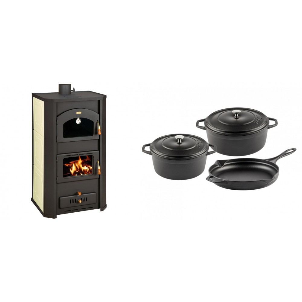 Set Kaminofen, Holzofen Wasserführend Prity mit Backfach, Modell FG W20, Leistung 23.8kW + Gusseisen Topf Set aus 3 teilen Solagio, Black Onyx