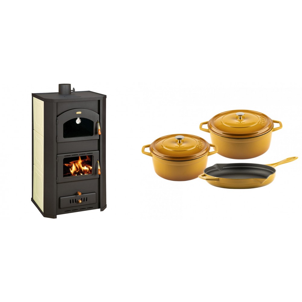 Set Kaminofen, Holzofen Wasserführend Prity mit Backfach, Modell FG W20, Leistung 23.8kW + Gusseisen Topf Set aus 3 teilen Solagio, Dijon | Wasserführender Kaminofen | Kaminofen |