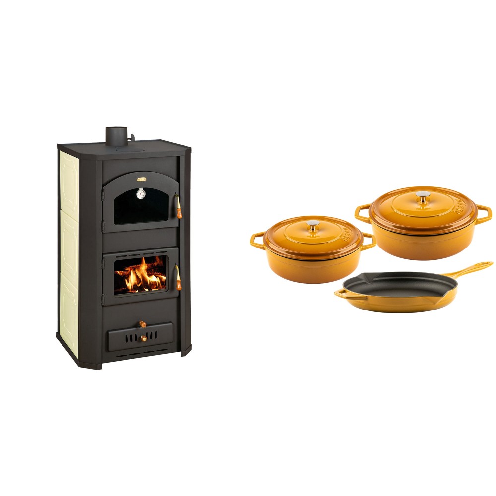 Set Kaminofen, Holzofen Wasserführend Prity mit Backfach, Modell FG W20, Leistung 23.8kW + Gusseisen Topf Set aus 3 teilen Solagio, Dijon | Wasserführender Kaminofen | Kaminofen |