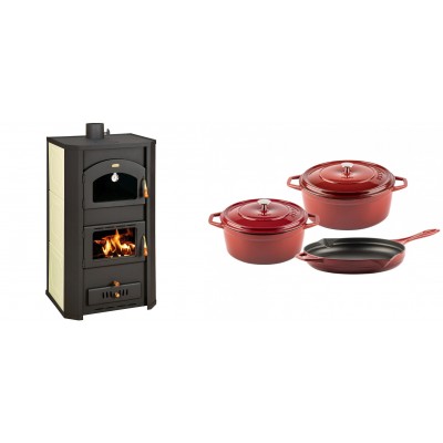 Set Kaminofen, Holzofen Wasserführend Prity mit Backfach, Modell FG W20, Leistung 23.8kW + Gusseisen Topf Set aus 3 teilen Solagio, Rubin - Kaminofen - Holzofen mit Backfach