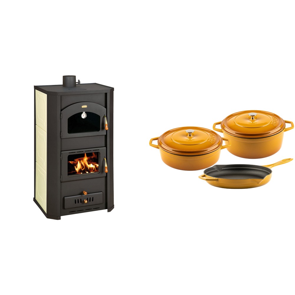 Set Kaminofen, Holzofen Wasserführend Prity mit Backfach, Modell FG W20, Leistung 23.8kW + Gusseisen Topf Set aus 3 teilen Solagio, Dijon
