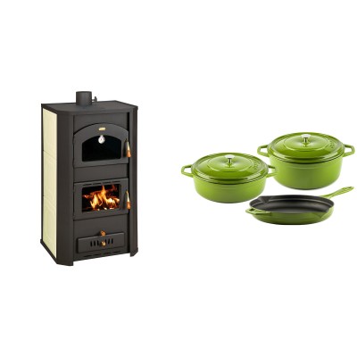 Set Kaminofen, Holzofen Wasserführend Prity mit Backfach, Modell FG W20, Leistung 23.8kW + Gusseisen Topf Set aus 3 teilen Solagio, Bamboo - Kaminofen - Holzofen mit Backfach