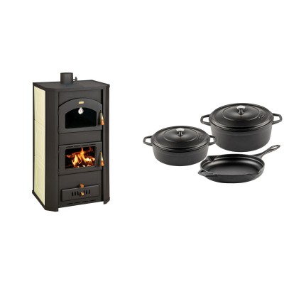 Set Kaminofen, Holzofen Wasserführend Prity mit Backfach, Modell FG W20, Leistung 23.8kW + Gusseisen Topf Set aus 3 teilen Solagio, Black Onyx - Kaminofen - Holzofen mit Backfach