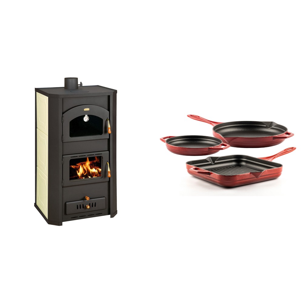 Set Kaminofen, Holzofen Wasserführend Prity mit Backfach, Modell FG W20, Leistung 23.8kW + Gusseisen Topf Set aus 3 teilen Solagio, Rubin