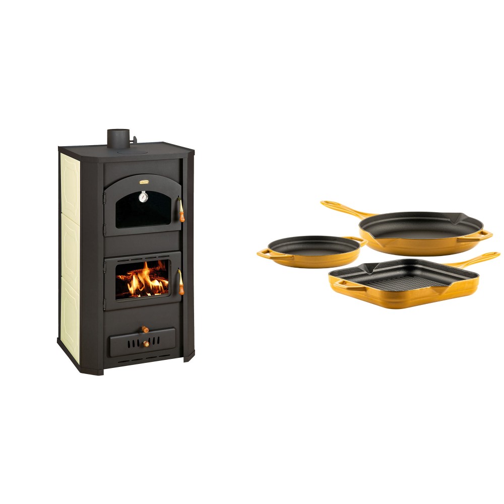 Set Kaminofen, Holzofen Wasserführend Prity mit Backfach, Modell FG W20, Leistung 23.8kW + Gusseisen Topf Set aus 3 teilen Solagio, Dijon