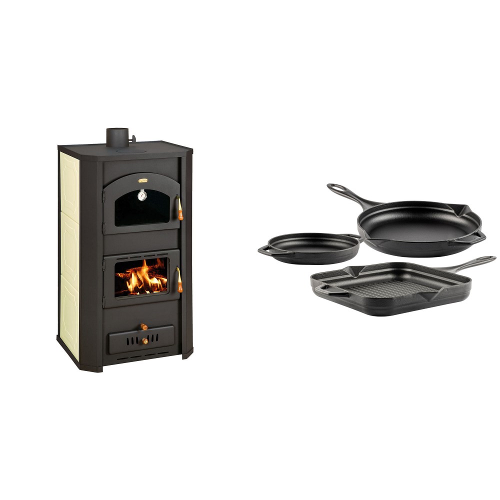 Set Kaminofen, Holzofen Wasserführend Prity mit Backfach, Modell FG W20, Leistung 23.8kW + Gusseisen Topf Set aus 3 teilen Solagio, Black Onyx