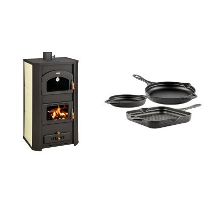 Set Kaminofen, Holzofen Wasserführend Prity mit Backfach, Modell FG W20, Leistung 23.8kW + Gusseisen Topf Set aus 3 teilen Solagio, Black Onyx - Kaminofen - Holzofen mit Backfach