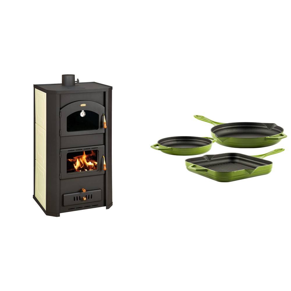 Set Kaminofen, Holzofen Wasserführend Prity mit Backfach, Modell FG W20, Leistung 23.8kW + Gusseisen Topf Set aus 3 teilen Solagio, Bamboo | Wasserführender Kaminofen | Kaminofen |