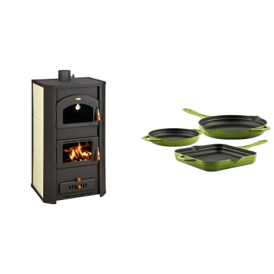 Set Kaminofen, Holzofen Wasserführend Prity mit Backfach, Modell FG W20, Leistung 23.8kW + Gusseisen Topf Set aus 3 teilen Solagio, Bamboo - Kaminofen - Holzofen mit Backfach
